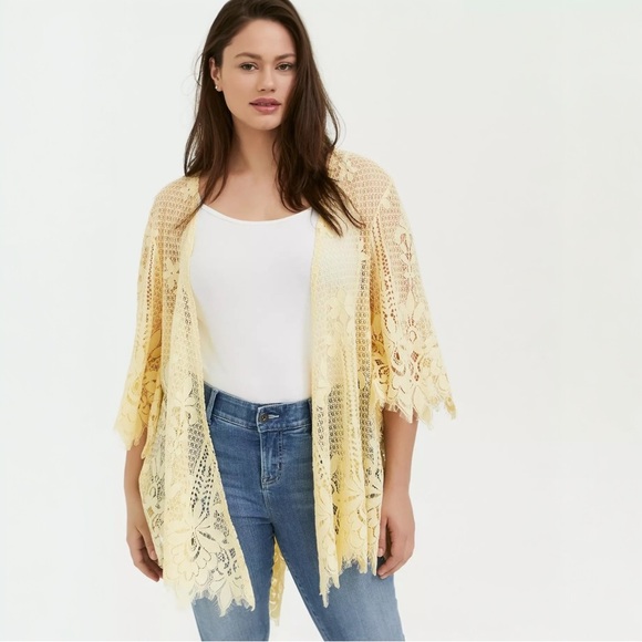 torrid Tops - NEW Torrid Scalloped Lace Kimono 3X-4X 22-26 Yellow Open Front 3/4 Sleeves